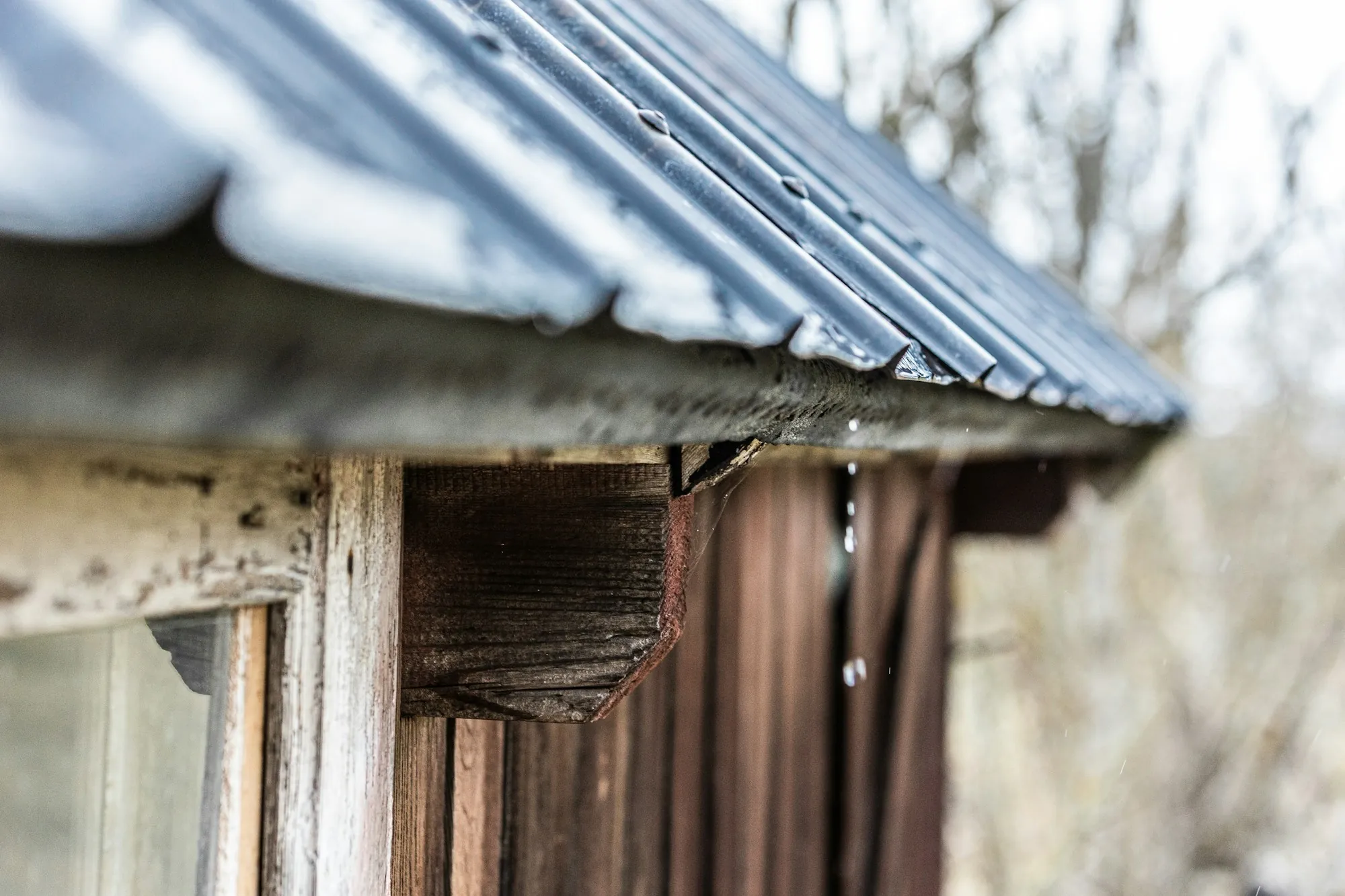 Close-up of a ribbed metal roof edge over a wood wall