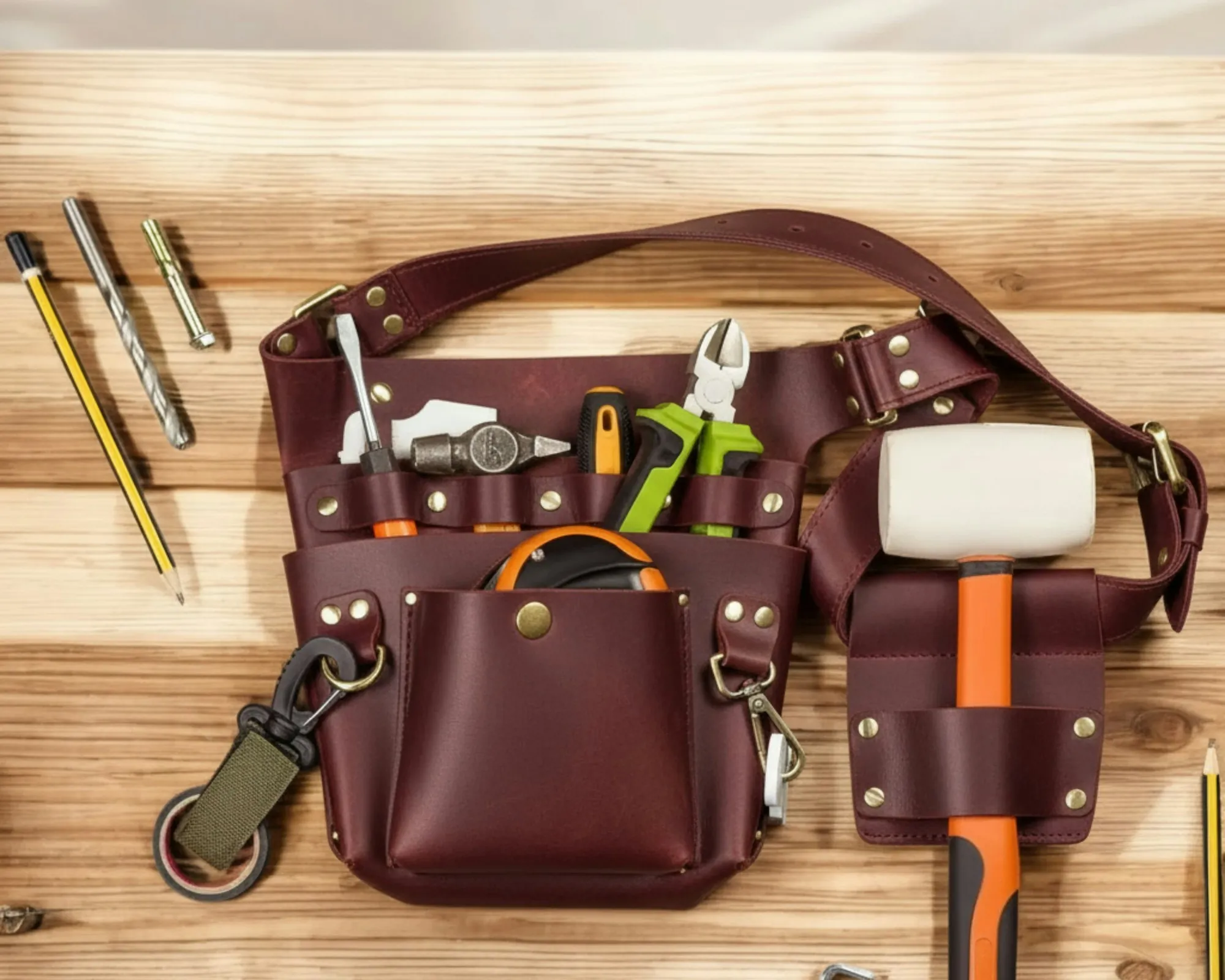 Leather tool belt loaded with pliers, mallet and hand tools on a workbench